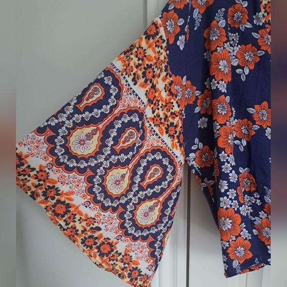 JAPNA bohemian floral flowly orange blues shrug tie shirt top M - Picture 8 of 11